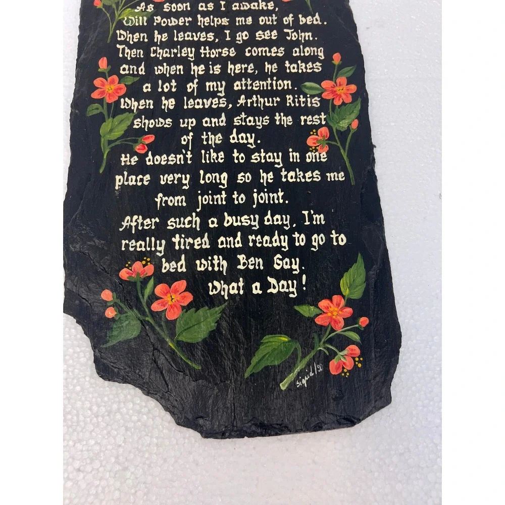 Vintage Hand Painted Slate Wall Hanging Joys of Aging Signed Farmhouse Decor